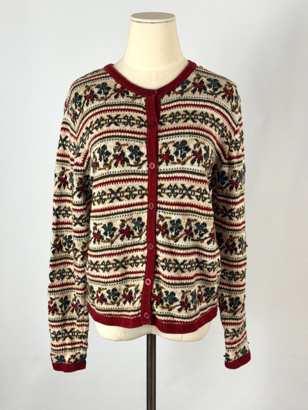 Vtg Paul Harris Fair Isle Striped Cardigan Embroidered Floral Holiday Christmas